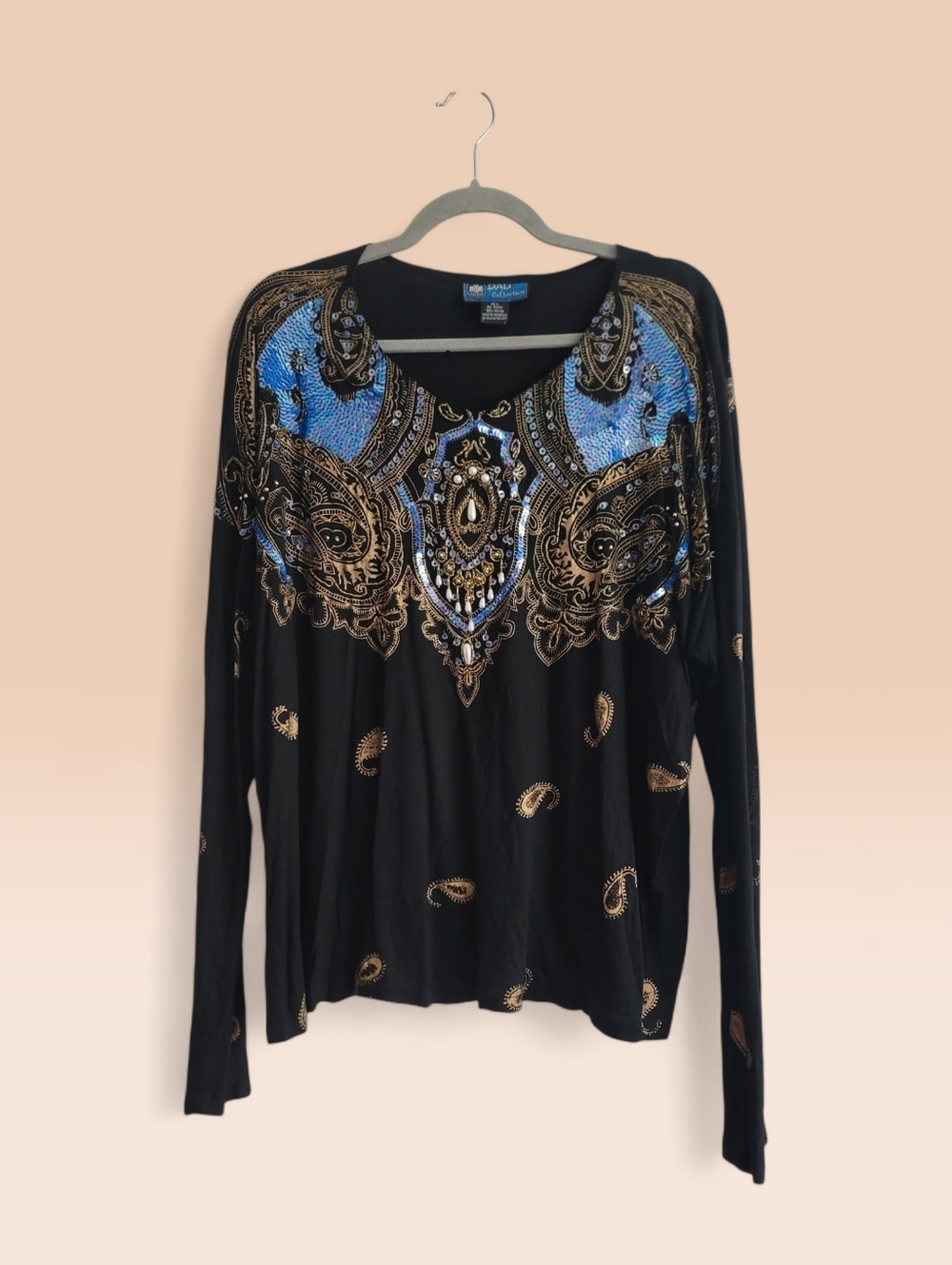 Bali Collection Free Size‎ Ornate Beaded Sequin Long Sleeve Top Shirt Blouse